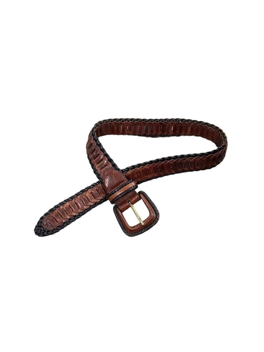 Leather belt size M. Brown and black braided. Unisex covered buckle